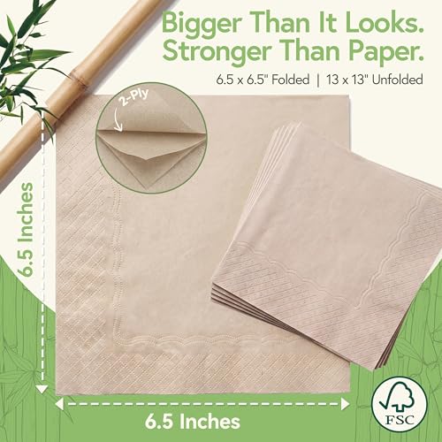100% Bamboo 2-Ply Napkins 1000 Pack 6.5 x 6.5 Inch Brown - Eco-Friendly Dinner & Party Napkins