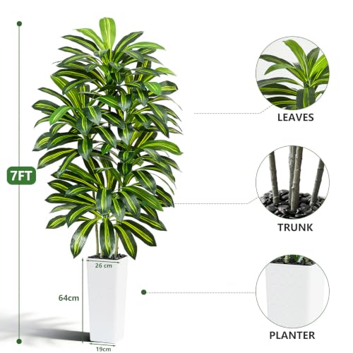 FSHOHI 7FT Artificial Dracaena Tree in White Planter - Indoor Faux Plant