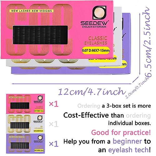 Eyelash Extensions Set, 3 Pieces Individual Hybrid Volume Premade Lashes, (Classic + YY Lashes + W-3D Lashes) 0.07 D Mix Black, for Practice, Cost-Effective, Beginner Lash Artists Friendly