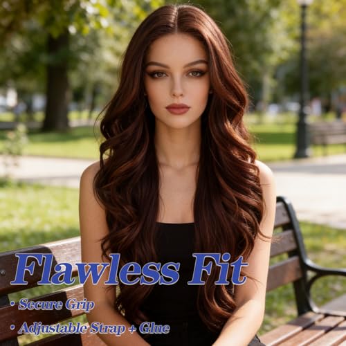 WIGENIUS 24 Inch Curly Synthetic Lace Front Wig - Matte Burgundy Brown Wavy Middle Part with Baby Hair, Breathable Heat-Resistant Hair, T433/327HD