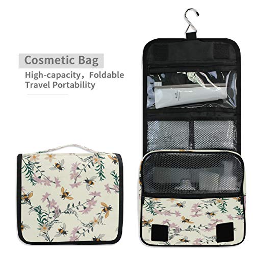AUUXVA Travel Toiletry Bag Spring Bee Flower Floral Pattern Cosmetic Organizer Bag Hanging Makeup Bag with Zipper Pocket and Handle, Portable Wash Bag for Women Men Girls