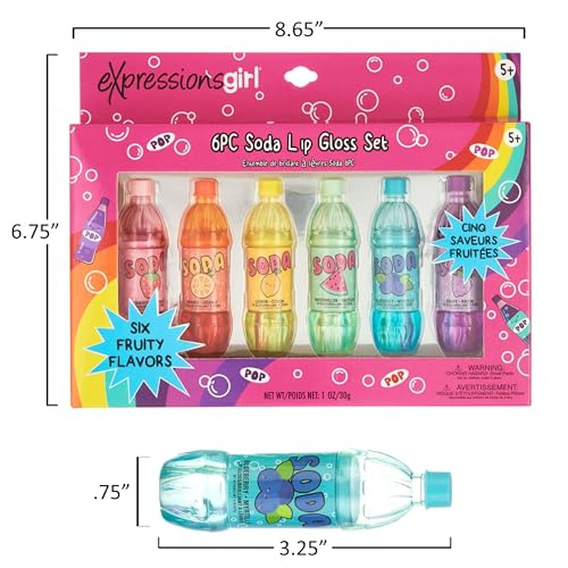 EXPRESSIONS 6pc Soda Pop Lip Gloss Collection - Fruit Flavored, Non-Toxic Soda Bottle Lip Gloss Set, Teen Girls Party Favors