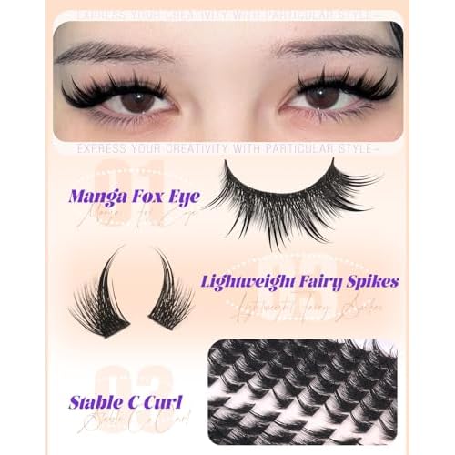 Lash Clusters Fox Eye Spikes Eyelash Extension Wispy Manga Cluster Eyelashes Fairy Spiky Cluster Eyelash Extensions 144Pcs Cat Eye Individuals Lashes Long DIY Volume Anime Lash Extension
