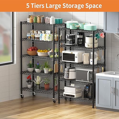 Hodonas 5-Tier Heavy Duty Wire Shelving 1900 lbs with Rolling Wheels, 36W x 14D x 75H