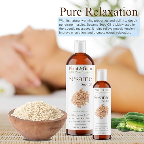 Plant Guru Sesame Seed Oil 16 fl. oz. ? Cold Pressed, 100% Pure & Natural Carrier for Skin, Face, Body, Hair, and Cooking. Great for DIY Creams, Lotions, and Lip Balms.