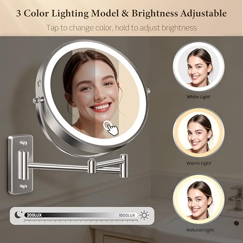 Wall Mounted Lighted Makeup Mirror with 20X Magnification, Rechargeable LED Lights & Extendable Arm