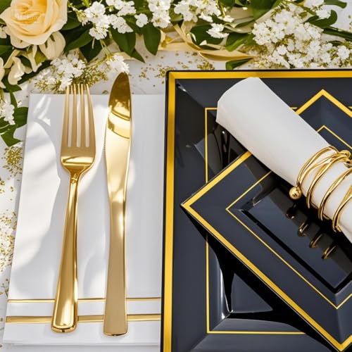 Black and Gold Disposable Plastic Plate Set for 50 Guests - Square Dinnerware with Cups, Cutlery, Napkins - Perfect for Weddings & Halloween 50 Guests