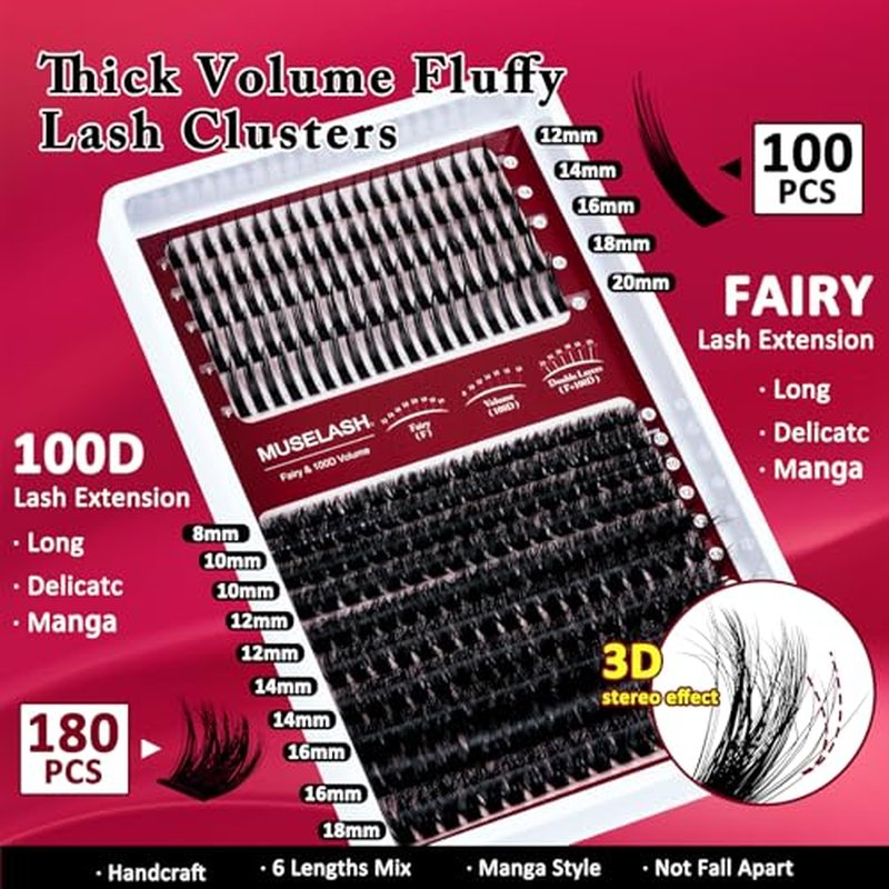 280PCS Lash Clusters Set-100PCS Spiky (12-20mm)+180PCS Volume Eyelash Extension(8-18mm), Individual Lashes with Glue & Tweezers, DIY Lash Extension Kit for Mega Volume & Spiky Look