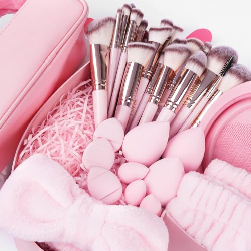 MAANGE Pink 42-Piece Makeup Brush Set – Premium Synthetic Tools & Travel Case