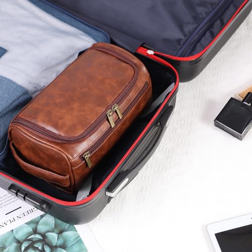 Dark Brown Toiletry Bag for Men and Women Travel Organizer Water-Resistant PU Leather