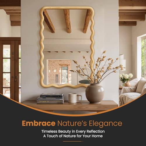 TRAHOME Natural 36" x 24" Wavy Wood Bathroom Vanity Mirror - Boho Wall Decor