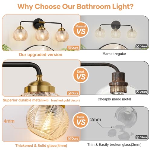 MOKATNG Bathroom Light Fixtures 3-Light Amber Leaf Texture Glass Vanity Wall Lamp