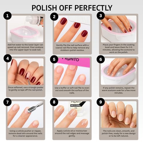 Pronto Gel Nail Polish Remover Kit ? 8 Oz Pure Acetone 100 Percent, Nail File, Nail Polish Soak Off Bowl, Cuticle Oil for Nail Care + Manicure Set with Nail Buffer Block, Cuticle Pusher & Nail scraper