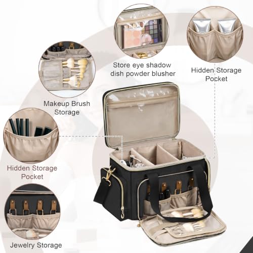 Large Travel Makeup Bag Organizer - Black, Medium Capacity, Brush Compartments