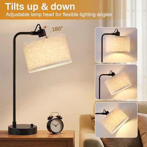 Black Adjustable Bedside & Table Lamp Set of 2 with USB-C & A, Dimmable, Remove Shade - Variation Black-A