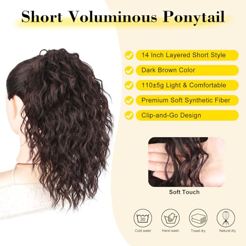 14-Inch Dark Brown Ponytail Extension with Claw Clip - Curly Wavy Fluffy Hairpiece for Women - Variation of THIS listing
