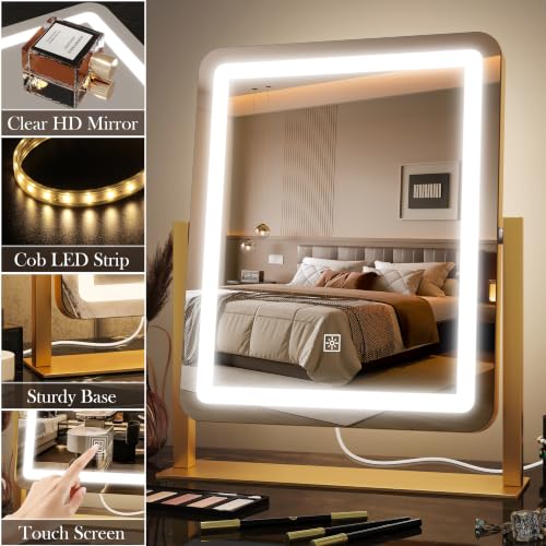 Vanity Mirror with Lights 15x13 inches, 10x Magnification, Adjustable Brightness, Gold