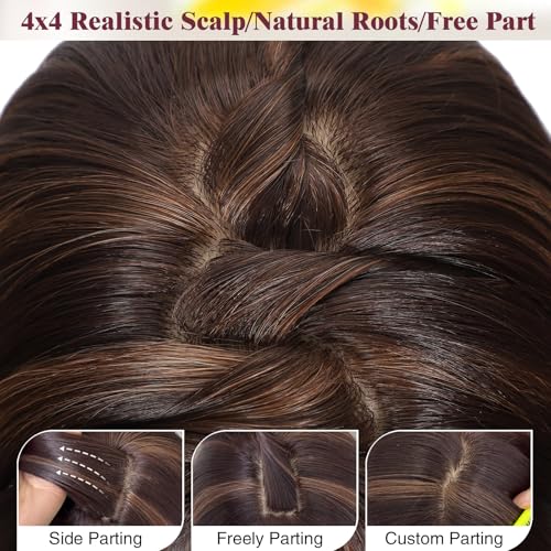 Long Wigs for Women 26 Inch Mix Brown Highlights with Bangs - Realistic Scalp & Wavy Style