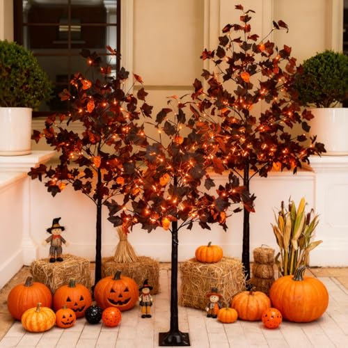 TYBEEU Halloween Decor Set 4ft, 5ft & 6ft Black Maple Trees with LED Lights, Ornaments & Spiders