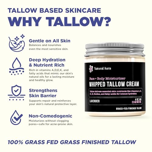 Lavender Whipped Beef Tallow Moisturizer for Face and Body - 4oz Natural Balm for Dry Sensitive Skin