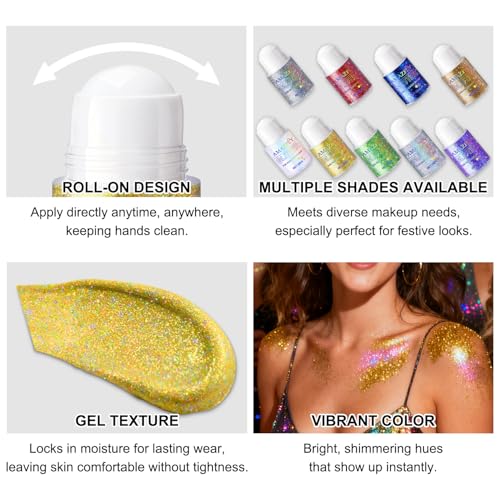 Roll-on Body Glitter Gel Holographic for Face and Hair,Body Glitter Gel Makeup for Kids Women,Body Shimmer Christmas Makeup for Rave Party.(Dazzling Gold)