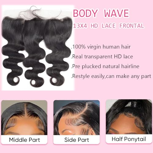 14 Inch YOMIO 13x4 Body Wave Lace Frontal Human Hair - Virgin Brazilian, Pre Plucked, Natural Black