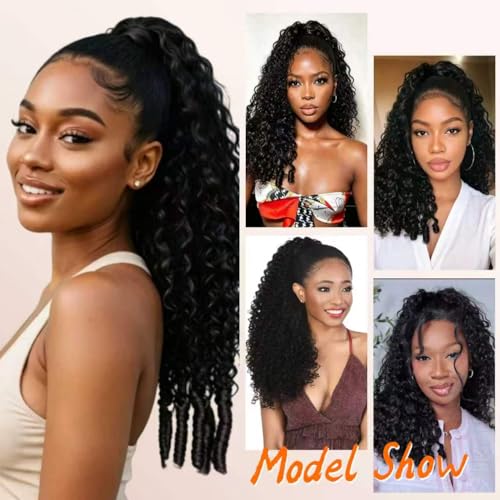 MAHKOTAKU Burmese Curly 20" Human Hair Ponytail Extensions, Natural Black
