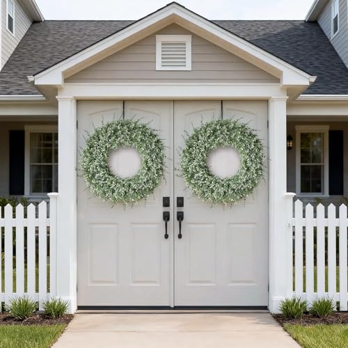 FOTEEWL 32-Inch Artificial Eucalyptus Wreath for Front Door Decor - White-Green, Full & Lifelike