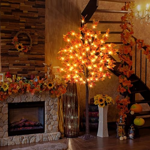 2 Pack 5Ft Fall Maple Tree Light with 90 LEDs and 8 Flash Modes - Indoor Outdoor Thanksgiving Decor