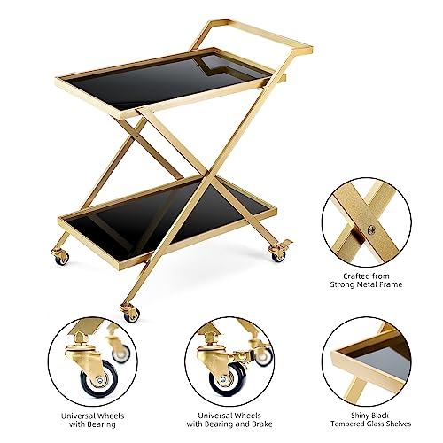 Crofy Gold Finish Bar Cart on Wheels with Tempered Glass Shelves - 2-Tier Mobile Serving Cart for Home & Bar