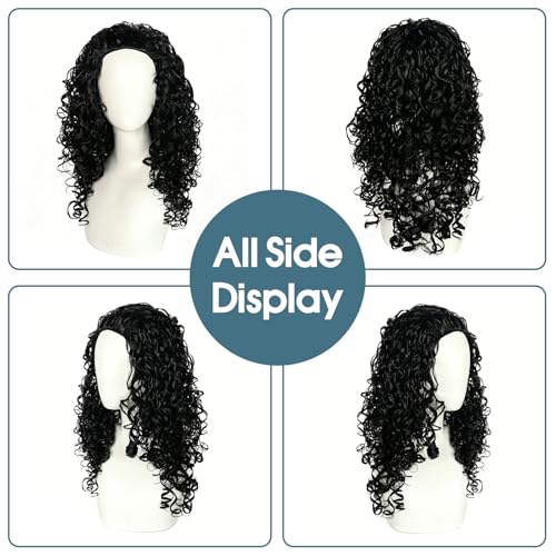 Mens Black Curly Shoulder Length Wig - Fluffy Realistic Cosplay Hair