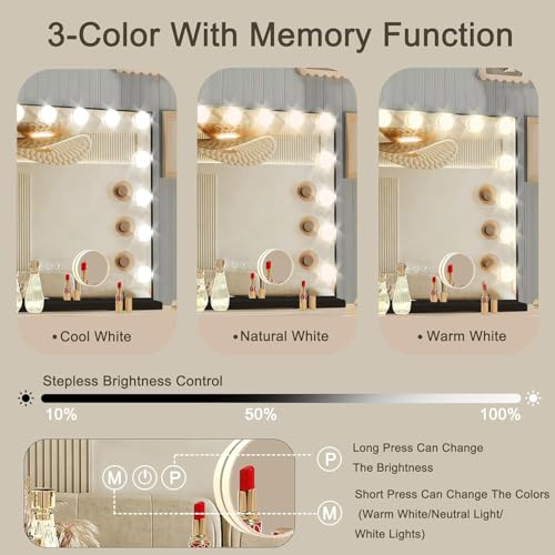Black Hollywood Vanity Mirror with Lights, 15 Dimmable Bulbs, 3 Color Lights,Make Up Lighted Mirror, Aluminum Metal Frame, USB Charging Port£¨23" x 18"£©