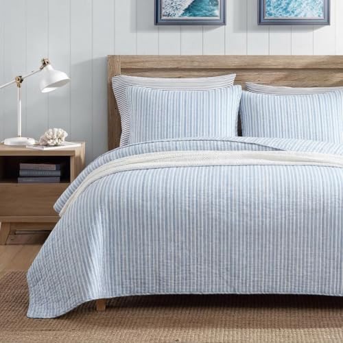 Nautica Twin Reversible Cotton Quilt Set with Sham - Coleridge Stripe Light Blue