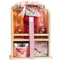 Deluxe Cherry Blossom Spa Basket - Home Spa Set with Bubble Bath, Bath Salts, Body Lotion, Bath Puff, and Rose Soaps in Wooden Curio Gift ? Mother's Day Gift for Mom