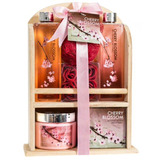 Deluxe Cherry Blossom Spa Basket - Home Spa Set with Bubble Bath, Bath Salts, Body Lotion, Bath Puff, and Rose Soaps in Wooden Curio Gift ? Mother's Day Gift for Mom