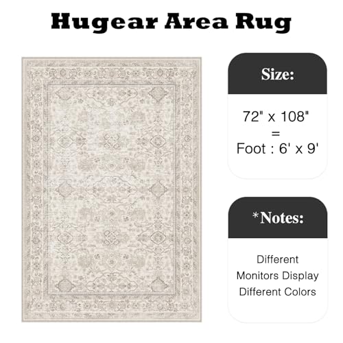 Vintage Floral Area Rug - 6x9 Beige Washable Rug for Living Room - Retro Style