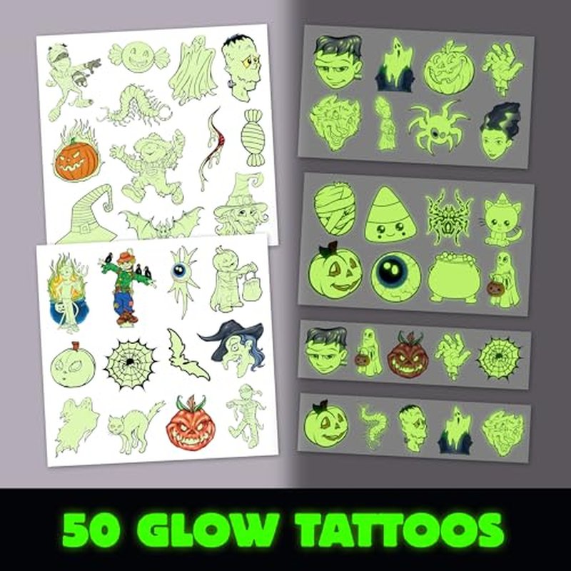 Glow in the Dark Ghost Temporary Tattoos ? 50 Pack Halloween Tattoos for Kids, Spooky Party Favors, Non-Toxic & Easy to Apply, Fun Trick-or-Treat Handouts