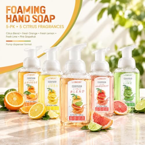 Foaming Hand Soap Pump Set - 5-Pack Citrus Fragrance with Aloe Vera & Essential Oils - 8.7 Fl Oz Each - Lemon, Orange, Lime, Grapefruit Variations
