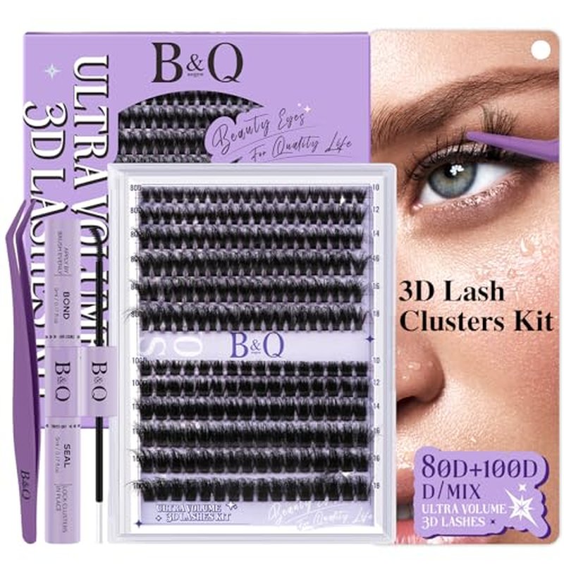 B&Q Volume Lash Clusters Kit 280PCS Lash Extension Kit Thick 3D Wispy DIY Eyelash Extension Set with Individual Lashes, Lash Bond and Remover,Tweezers(80D+100D)