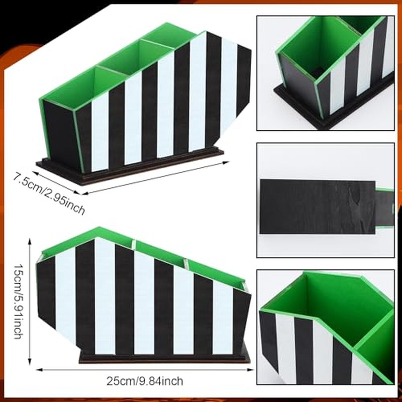 Coffin Makeup Brush Holder Black Striped Gothic Makeup Brush Holder Wooden Organizer Gifts for Women Cosmetic Display Cases Spooky Pencil Brushes Organizer Bathroom Accessories