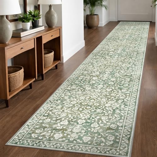 SILOLLOOM Vintage Sage Green Floral Hallway Runner Rug 2.6x16 ft Non-Slip