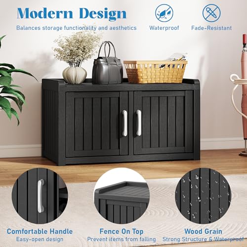Outdoor Waterproof Shoe Storage Bench - Double Door, Midnight Black