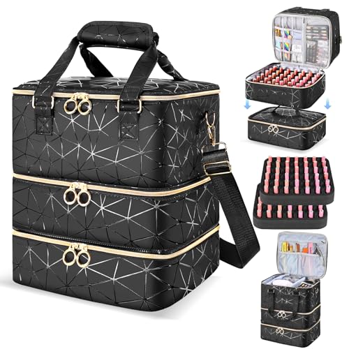 Nail Polish Organizer Case Holds 84 Bottles(15ml/0.5 Liquid Ounces) & Nail Lamp,3 Layers PU Leather Nail Supplies Storage Organizer Bag,Large Shoulder Strap Nail Polish Holder Travel Carrying Case.