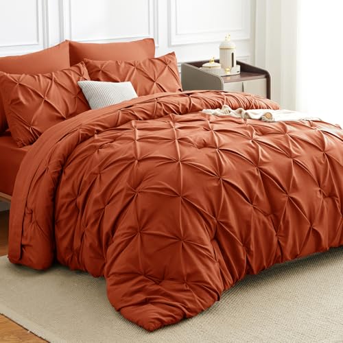 HIMEET King Size Burnt Orange Comforter Set 7 Pieces Pintuck Bed in a Bag