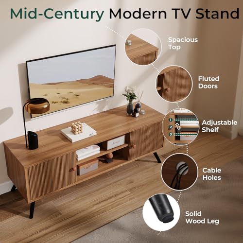 Brown 53-Inch Mid-Century Modern TV Stand for 55-65 Inch TVs with Fluted Doors