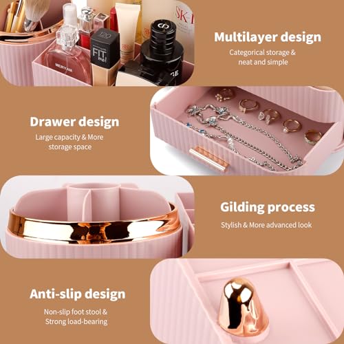 Makeup Organizer for Vanity, Cosmetic Display Case with Drawers, Fits Makeup, Skincare Products, Brushes, Lipsticks, and Other Accessories, Versatile Storage Solution (Pink)