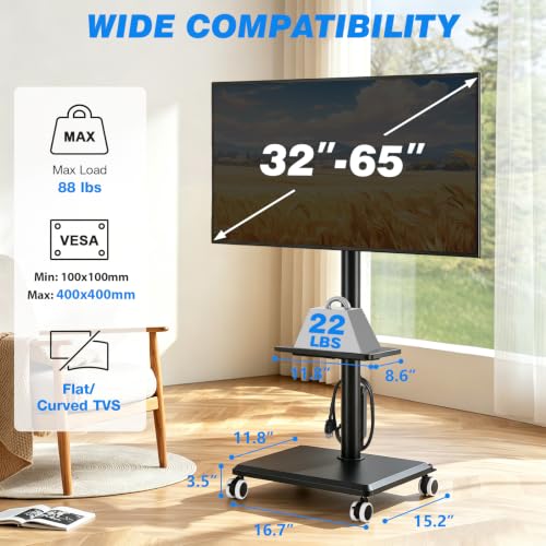 Rfiver Black Rolling TV Stand for 32-65 Inch TVs with Power Outlet & Swivel