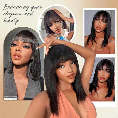 Black Short Straight Bob Wig with Bangs - 16 Inch Synthetic Hair for Women - Variation: Black