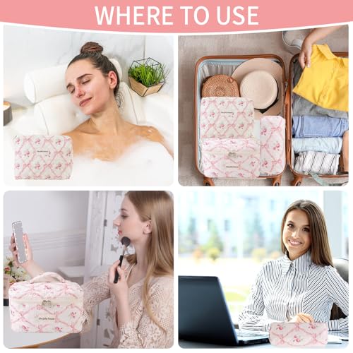 LAKSMI 3PCS Cotton Quilted Floral Makeup Bag Set for Women, Cute Make Up Bags with Brush Pockets, Large Wide-Open Toiletry Pouch Gifts for Toiletries Accessories Travelling Essentials