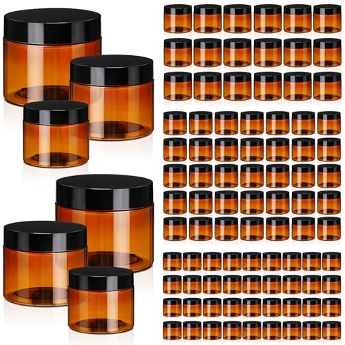 Tanlade 100 Pcs 8/4/2 oz Amber Plastic Cosmetic Jars with Lids Empty Leak Proof Container Refillable Cosmetic Jars Airtight for Cream, Lotion, Powder, Ointment, Beauty Products Travel Storage (Round)
